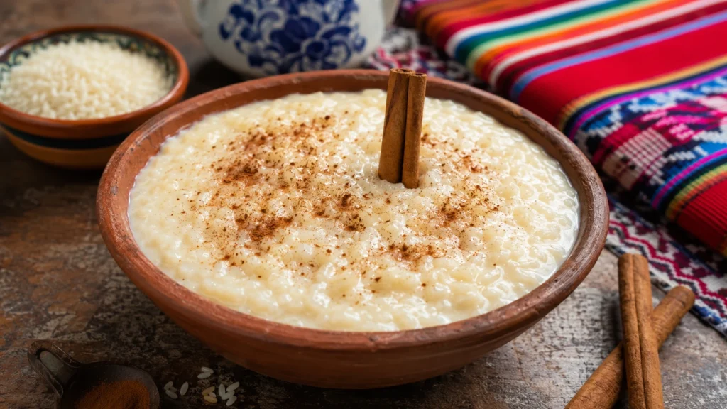 Authentic Bolivian arroz con leche served in a rustic clay bowl with cinnamon sticks and traditional South American decor.