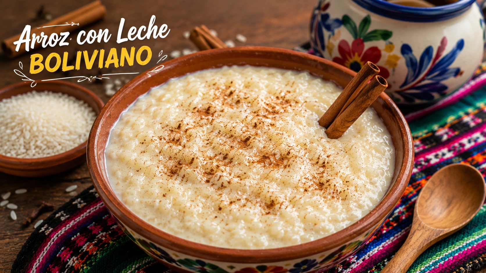 Authentic Bolivian arroz con leche served in a traditional clay bowl with cinnamon and colorful Andean textile, representing the best arroz con leche boliviano near me.