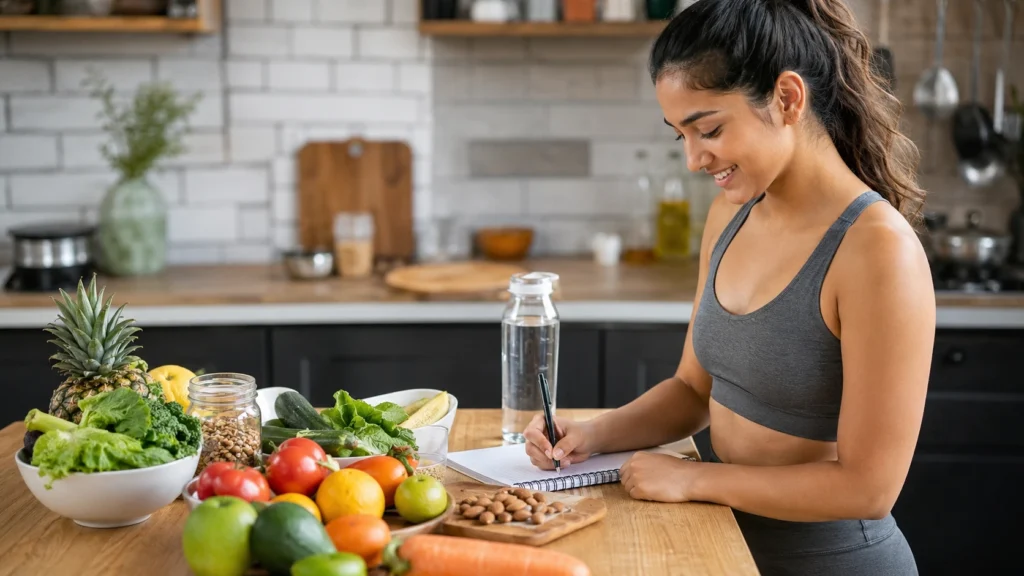 Healthy woman planning a balanced diet with fresh fruits, vegetables, and healthy foods as part of a natural weight loss and healthy lifestyle plan.